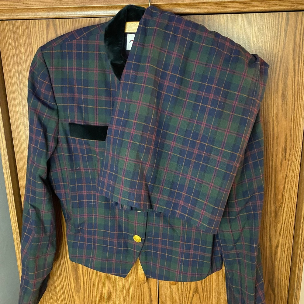 JH Collectibles Skirt Suit Women 10/12 Green Plaid Wool Velvet Trim Vintage Set